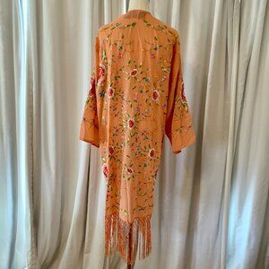 Peach Floral Embroidered Fringe Kimono Style Duster Jacket Suzanne Somers sz M